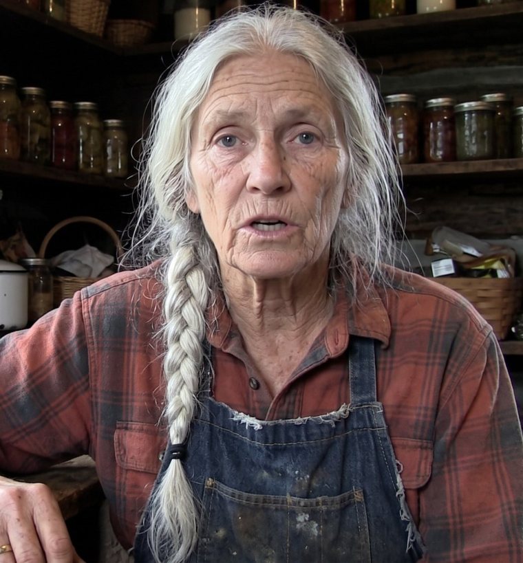 Willa Boone, 78, standing in her pantry in front of shelves of home-canned jars.