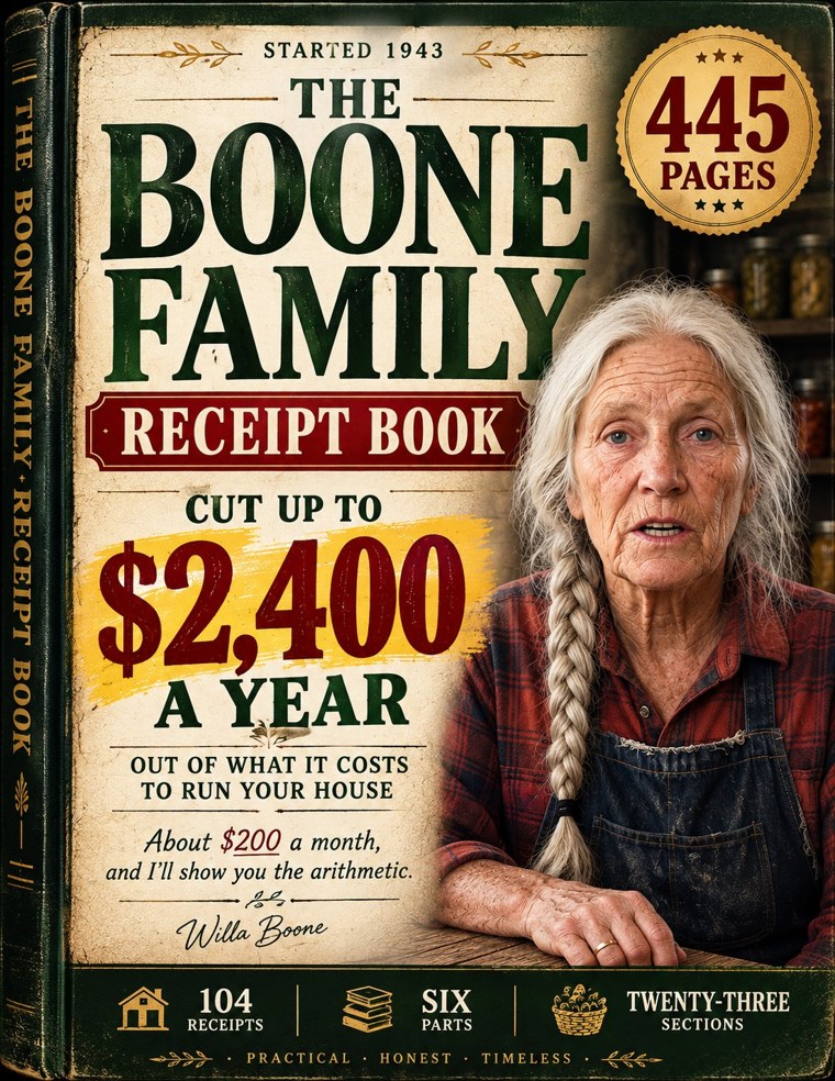 Cover of The Boone Family Receipt Book by Willa Boone — 445 pages, cut up to $2,400 a year, 104 receipts, six parts, twenty-three sections.